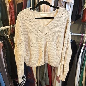 moon & madison Tan V-Neck Chunky Open-Stitch Sweater